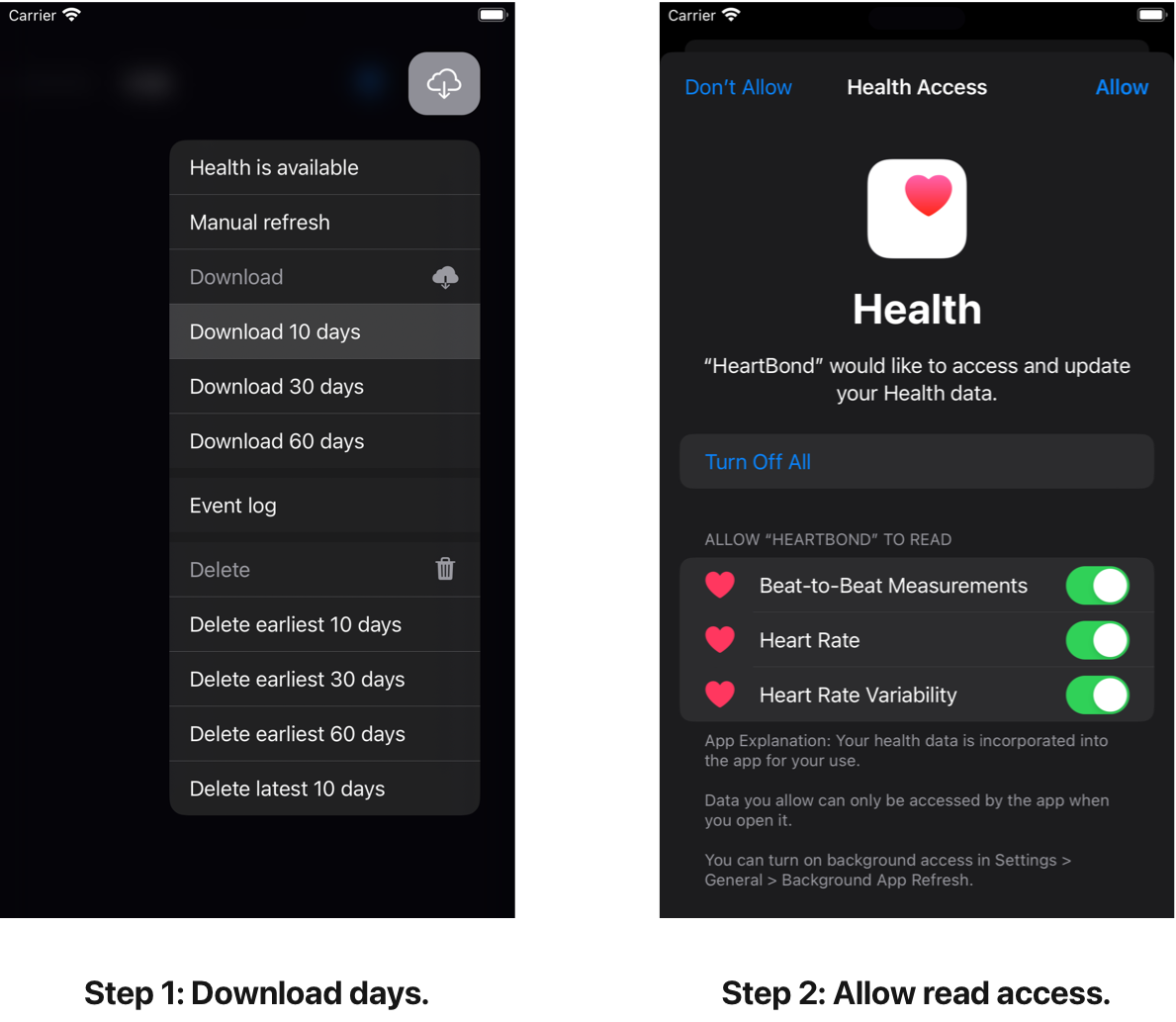 Steps to download days and allow read access for heartrate graphing